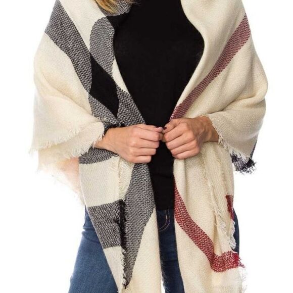Cream Black Red Tartan Blanket Scarf / Wrap - Picture 1 of 3